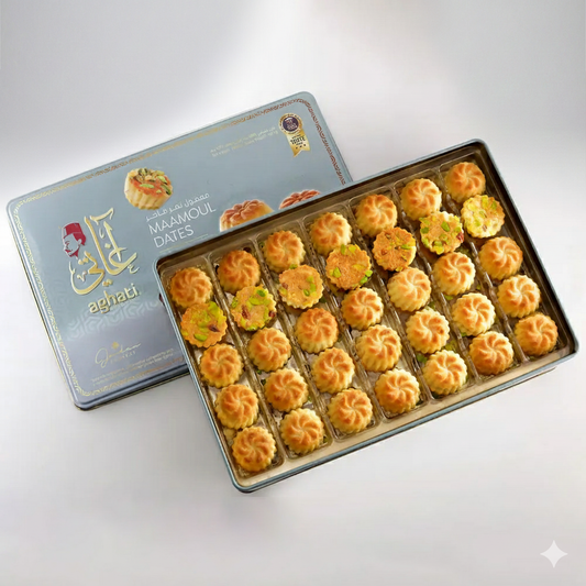 Maamoul sausainiai su datulėmis ir pistacijomis metalinėje dėžutėje. 500g