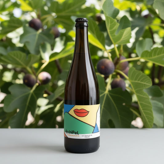 Bottle of Archipel beer with a colorful label on a textured surface.